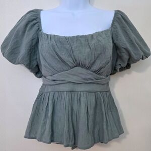 Francescas Mi Ami Puff Sleeve Babydoll Tie Waist Top Sz L Cottage Milkmaid Boho